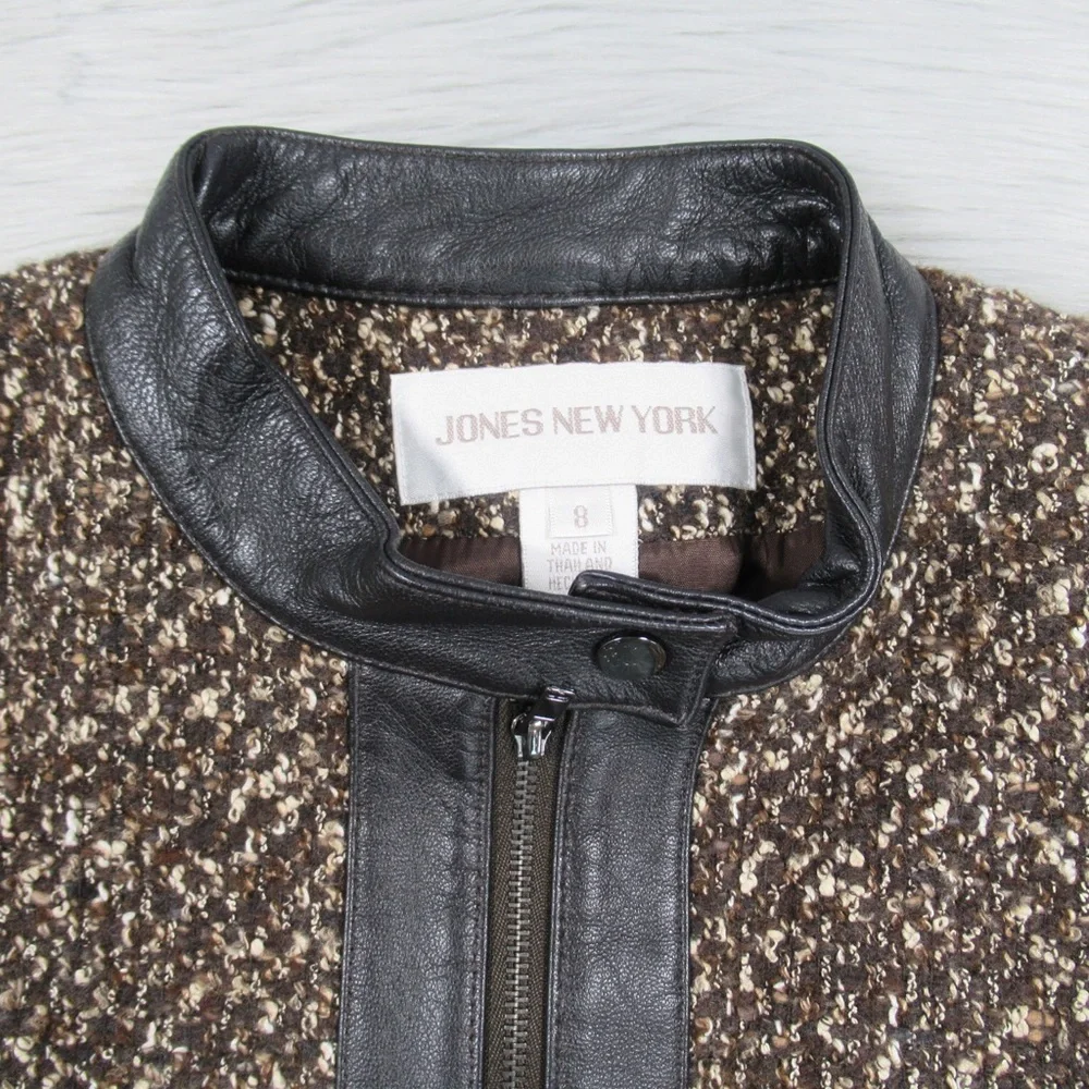 JONES NEW YORK Brown Vintage Leather & Tweed Zip Front Jacket Women’s Size 8